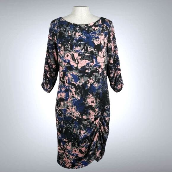 Kenneth Cole Abstract Print Ruched Sheath Dress NWT 3/4 Sleeves Blue Pink Sz L - Picture 13 of 13